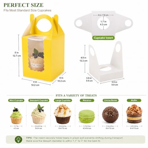 Cupcake Boxes with Window, 25 Pack Single Dessert Gift Boxes with Adjustable Insert Fits 1.7"–3" Cupcakes, Muffins & Cocoa Bombs for Parties, Bake Sales & Baby Showers (Yellow) - color: Yellow, size: 25 PCS