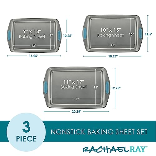 Rachael Ray Nonstick Bakeware Cookie Pan Set, Baking Sheets, 3-Piece, Gray - color: Agave Blue Grips