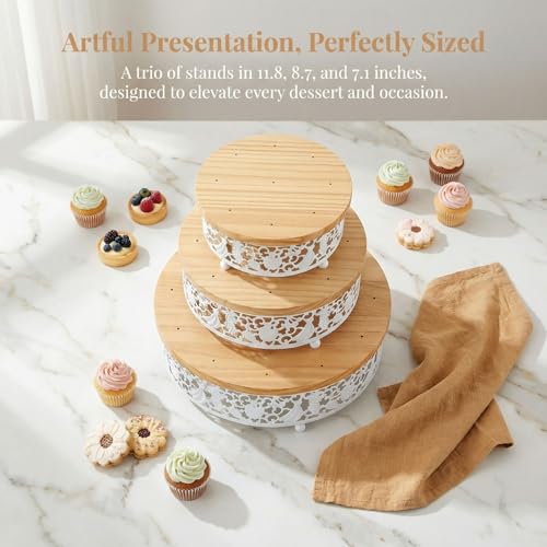 3-Tier Wooden Cake Pop Stand Set, White Metal Decorative Border, 11.8/8.7/7.1 Inch Round Display Stands with 35 Holes, 50 Sticks Included for Party Wedding