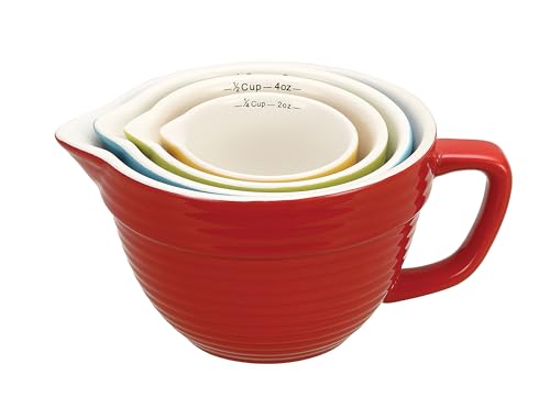 Creative Co-Op 4‑Piece Stoneware Ribbed Batter Bowl Measuring Cups, Yellow, Blue, Green and Red - color: Multicolor