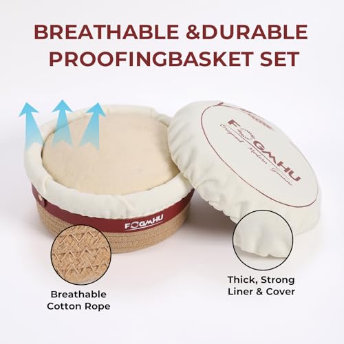 2-Pack Banneton Bread Proofing Baskets – Sourdough Starter Kit for Home Bakers, Cotton Rope Bannetons with Liners, Hanging Hooks & Dough Guide (1 Round + 1 Oval)