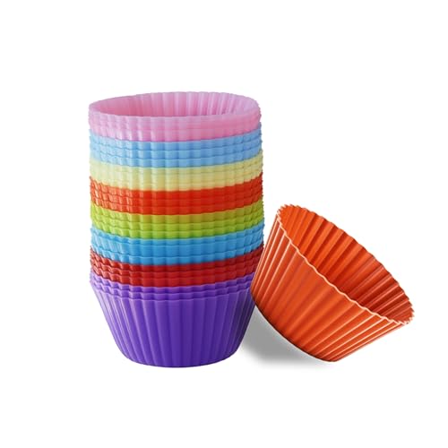 Reusable Silicone Cupcake Liners, BPA Free Silicone Muffin Cups for Baking, Oven Microwave Air Fryer Safe, 2.75 x 1.7 x 1.2 Inches, Dishwasher Safe Baking Cups, 8 Rainbow Colors, 24 Pack - color: Pink, Blue, Yellow, Orange, Green, Purple, Red, Peacock Blu