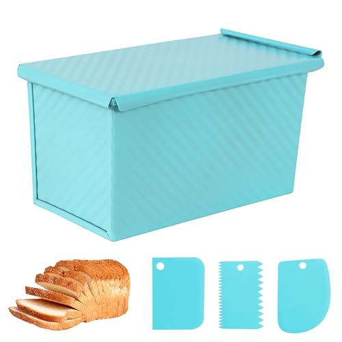 Blue Pullman Loaf Pan with Lid, Sandwich Bread Pullman Loaf Pan, 1LB Dough Capacity Rectangular Bread Pan, Non-Stick Loaf Pan with Dough Scraper Cutter for Sandwich Bread - color: Blue, size: 8.3inch