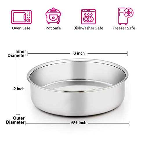 E-far 6 Inch Cake Pan Set of 3, Stainless Steel Round Smash Cake Baking Pans Tins, Non-Toxic & Healthy, Mirror Finish & Dishwasher Safe - size: 6 x 2 Inch