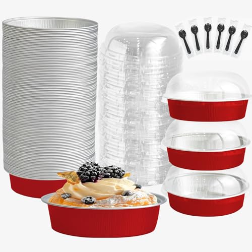 Mini Cake Pans With Lids And Spoons, Baking Tins For Round Small Desserts 7 Oz Aluminum Foil Baking Pans Disposable Ramekins Individual Cake Containers Holders For Tart Quiche Flan (50, Red) - color: Red