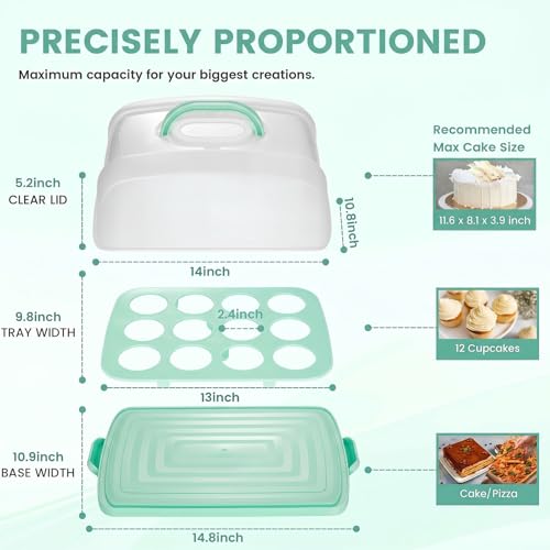 VGOODALL Cake Carrier with Lid and Handle, 12 Capacity Cupcake Holder for Muffin Pies Candies Fruits Snacks Desserts, Perfect for Sheet Cakes, Dishwasher Safe - color: Cake Carrier-Green