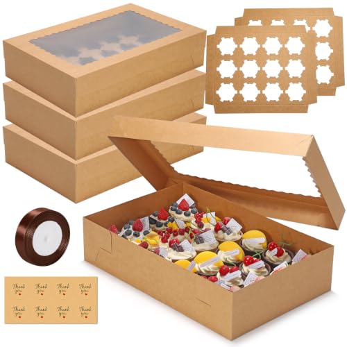 5 Pack 24 Count Standard Cupcake Boxes with Window & Inserts Brown - color: brown