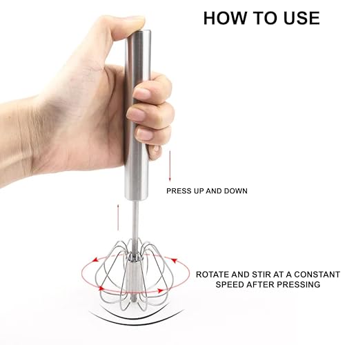 Stainless Steel Whizzy Whisk, Semi Automatic Whisk Egg Whisks Mixer for Stirring, Blending, Whisking, & Beating Blender, Hand Push Mixer (10 inches)