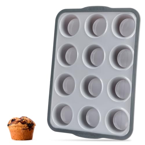 Aichoof 12 Cup Silicone Muffin Pan, Non-Stick Baking Mold w/Steel Frame - size: 12 Cup Muffin Pan(Grey, 1-PCS)