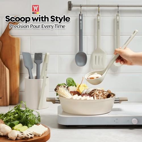 Wagensteiger Light Gray Silicone Cooking & Serving Spoon: Cooking Utensil with Heat Resistant, Non-stick Cookware Safe, Gentle Head Design, BPA Free (12.60inch x 3.15inch) - size: 12.60inch x 3.15inch
