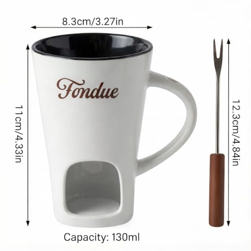 White Chocolate Fondue Mug with Tealight & Fork – Ceramic Single-Serve Fondue Cup for Chocolate & Cheese Dipping - color: White
