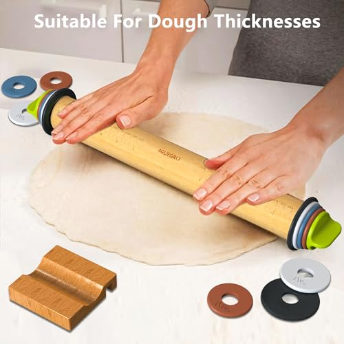 Adjustable Rolling Pin with 4 Thickness Rings &Wood Stand For Baking Dough - color: Wood