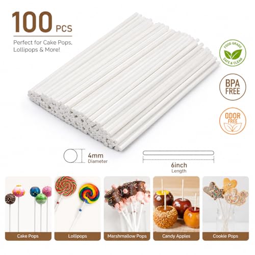 Lollipop Sticks 100 Pcs Cake Pop Sticks 6-inch Cake Candy Chocolate Making Sticks Decoration Supplies for Party, Chocolates Making Tools