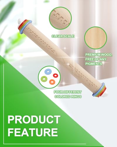16.7" Rolling Pin with Thickness Rings for Cookies, Dough, Pizza - color: Wooden, 16.7"