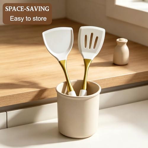 Heat-Resistant Kitchen Spatula Set – Non-Toxic Cooking Utensils with Solid & Slotted Designs –Food Grade Silicone and Gold-Plated Stainless Steel Handles –Ideal for Nonstick Cookware, Gold - color: Golden