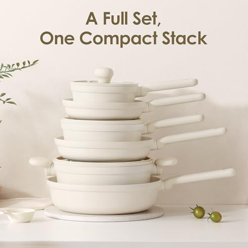 SENSARTE Ceramic Nonstick Pots and Pans Set, 17pcs Nontoxic Cookware Set - color: Creamy White