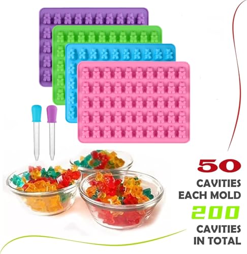 2 Piece Gummy Bear Silicone Molds, Non-Stick Chocolate Candy Mold with 2 Droppers Food Grade (Purple+Blue+Pink+Green) - color: Purple+Blue+Pink+Green