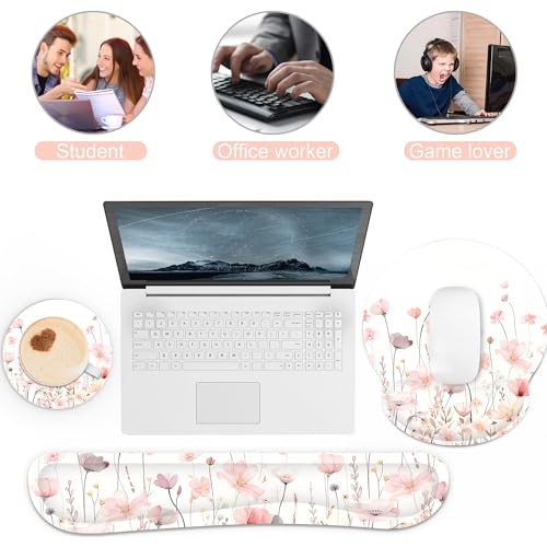 Ergonomic Mouse Pad with Wrist Rest and Keyboard Wrist Rest, Mousepad - color: Pink Watercolor Flowers