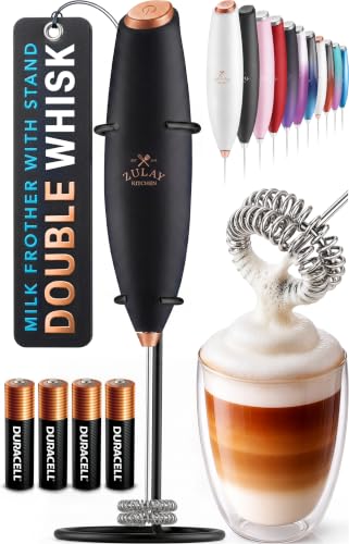 Zulay Kitchen Powerful Milk Frother Wand With Duracell Batteries - Ultra Fast Handheld Drink Mixer - Electric Whisk Foam Maker for Coffee, Lattes, Cappuccino & Matcha - Double Whisk - Black Copper - color: Jet Copper, size: Double Whisk + Batteries
