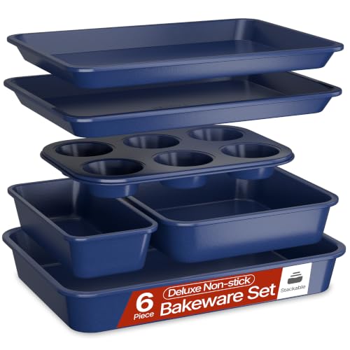 BAKKEN Nonstick Carbon Steel Bakeware Set - 6 Piece Kitchen Baking Trays, Non Toxic Stackable Oven Pans Bundle with Cookie Sheets, 6 Cup Muffin, Roaster, Square Cake, and Loaf Pan for Bread - color: Blue