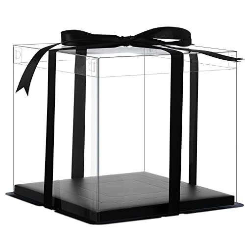 XININSUN 6Pcs Tall Cake Boxes Clear cake Box with Ribbon, 12x12x 10inch,Ideal for Large 10" and 12" Inch Tall Layer Tiered Cakes and Clear Gift Boxes for Wedding Party and Gift Display - Black - color: Black-12x12x10inch-2Pcs