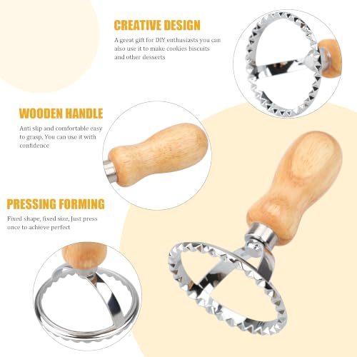 Large Round Cookie Stamp Cutter, Wood Handle Fluted Ravioli Press - color: Large Circle