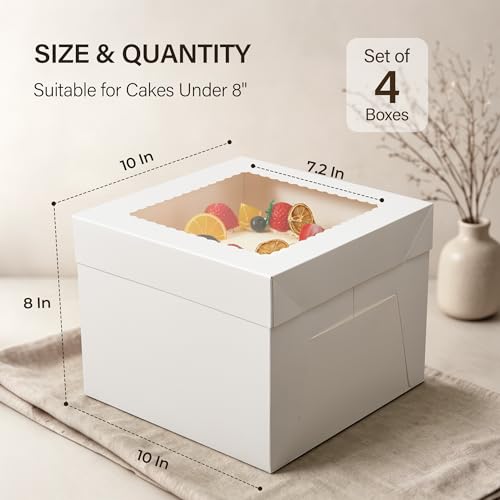 Kootek 4 Pack Cake Boxes 10 inch, 10x10x8 Tall Cake Box with Clear Window - size: 10x10x8 in