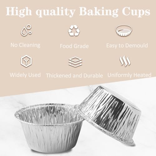 Aluminum Foil Baking Cups 150 Pcs, VIHOYOM 4 Oz Disposable Ramekin Aluminum Cupcake liners, Silver Foil Baking Cups Muffin Liners for Egg Tart, Baking, Cupcake, Pudding, Appetize - size: 4OZ 150PACK