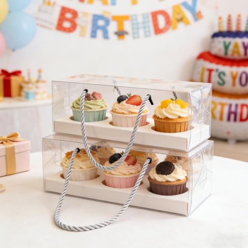 32 Pack Clear Cupcake Boxes, Plastic Cupcake Containers with Handle