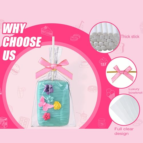 50pcs 4"x6"Clear Rice Krispie Treat Bags with Sticks and Ties Bows - color: Pink