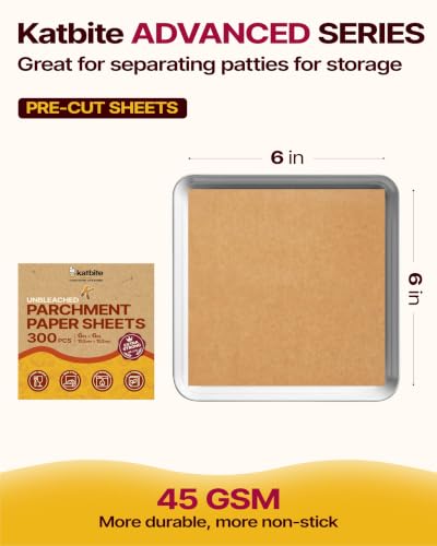 Katbite 300Pcs 6x6 Inches Patty Paper, Burger Patty Paper, Unbleached Parchment Sheets, Heavy Duty & Non-Stick, Squares for Seperating Patty, Cookies, Storing Foods Wrapping Candies - size: 6"x6"