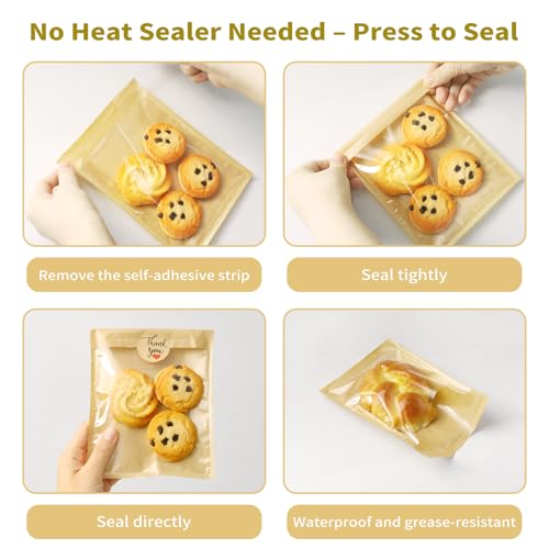 100 Pack Self Sealing Cookie Bags with Seal, 5.7x6.5 Inch Kraft Paper Bakery Bags with Window, Grease Resistant To Go Sleeves for Bake Sale Pastry, Brownie, Treat, Baked Goods Packaging - size: 5.7" x 6.5"