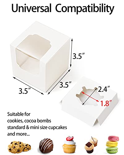 Happyhiram 100 Pack Individual Cupcake Boxes with Inserts & Window, White - color: Pure White, size: 100-Count