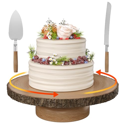 Wood Cake Stand, 12" Rotating Cake Stand with Cake Cutting Set