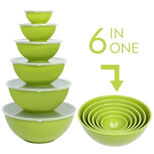 BoxedHome BPA Free Plastic Round Mixing Bowl with Lids, 12 Pack Nesting Bowls with Lids Set, Microwave and Dishwasher Safe Prep & Serving Bowls Great for Mixing, Baking, Serving (Light Green, 12pcs) - color: Light Green