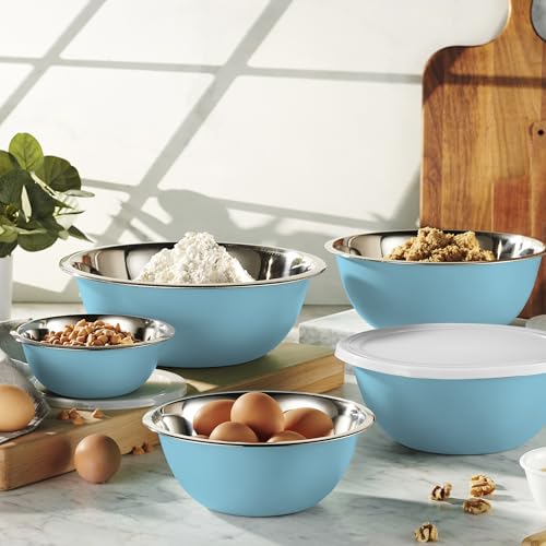 10-Piece Stainless Steel Mixing Bowl Set with Lids for Food Prep & Storage - color: Light Blue Bowls - With White Lids