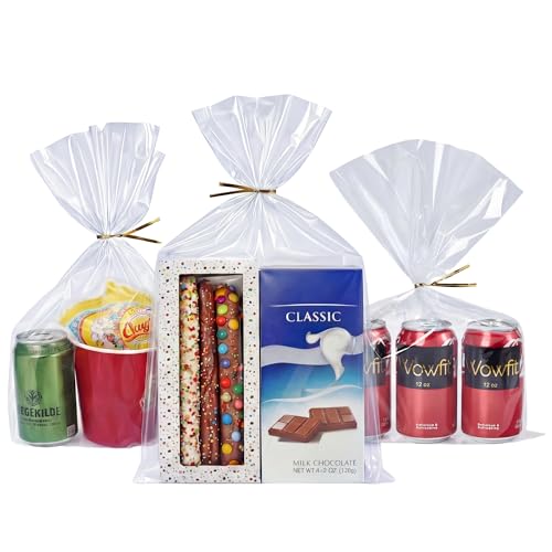 Wowfit 10x16 Large Clear Cellophane Gift Bags, 50 CT, 6" Gold Twist Ties - size: 10x16 Inch (Pack of 50)