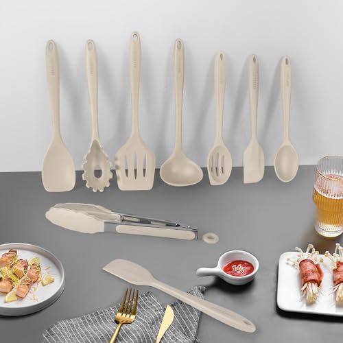 Kitchen Utensil Set - 11 Cooking Utensils - Colorful Silicone Kitchen Utensils - Nonstick Cookware with Spatula Set - Colored Best Kitchen Tools Kitchen Gadgets (Khaki) - color: Khaki
