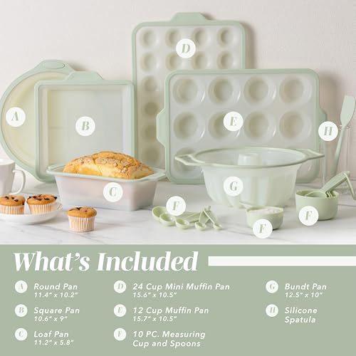 COOK WITH COLOR 17 Pc. Silicone Baking Pan Set - Non-Stick & Easy Clean Silicone Muffin Pans for Baking with Sturdy Metal Frame for Stability, Flexible Cake Molds, Includes Measuring Cups and Spoons - color: Sage