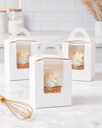 qiqee 100Pcs Auto Pop-up Cupcake Boxes Individual Cupcake Holders Disposable White Single Cupcake Boxes with Window 3.7"x3.7"x4.5" Cupcake Containers - color: White, size: 100Pcs, One Holder