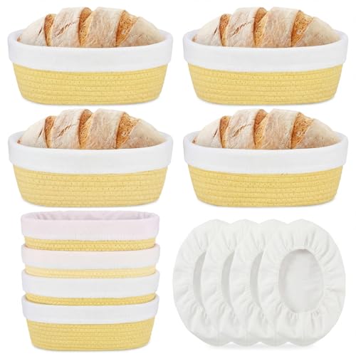 4 Pcs 10 Inch Bread Proofing Basket Set Cotton Rope Oval Banneton Basket Sourdough Bread with Liners Covers for Baking Supplies (Yellow) - color: Yellow, size: 10 Inch