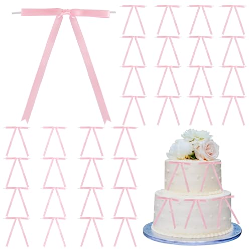 TONIFUL 50 Pack Pink Bows with Twist Tie 5 x 7 Inch Pretied Ribbon Bows - color: Pink