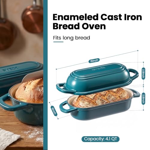 Oval Dutch Oven for Bread Baking,11.3x5.3 Enameled Cast Iron Bread Pan,Teal - color: Teal