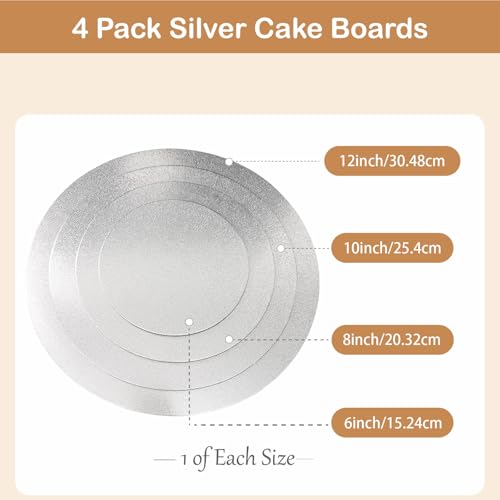 Silver Cake Boards 4 Pack, 6 8 10 12 Inch Round Cardboard Cake Base - color: Silver