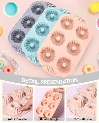 Jello Molds 3pcs Silicone Fluted Tube Cake Pans, 6 Cavity Heritage Silicone Mold for Baking Non Stick Fancy Molds (Pink+Blue+Gray, Fluted Tube) - color: Pink+Blue+Gray