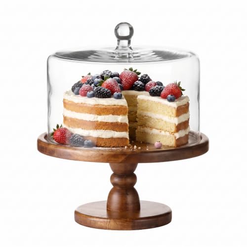 American Atelier Wooden Pedestal Cake Plate w/Glass Dome, Brown 11.8x12.2in