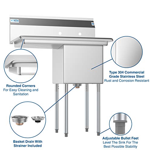 KoolMore 1 Compartment Stainless Steel NSF Commercial Kitchen Prep & Utility Sink with Drainboard - Bowl Size 15" x 15" x 12", Silver - size: Left Drainboard