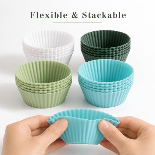 Reusable Silicone Muffin Liners – 24-Pack Cupcake Baking Cups, BPA-Free, Regular Size, Assorted White/Blue/Green