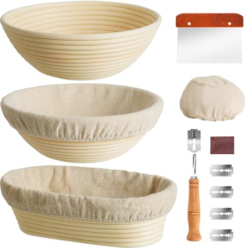 Kikcoin 9" & 10" & 10" Banneton Bread Proofing Basket Set, Round & Oval Banneton Basket for Sourdough Baking, Baking Supplies with Linen Liner, Bread Lame & Dough Scraper, Sourdough Proofing Tools - size: 9" Round & 10" Round & 10" Oval
