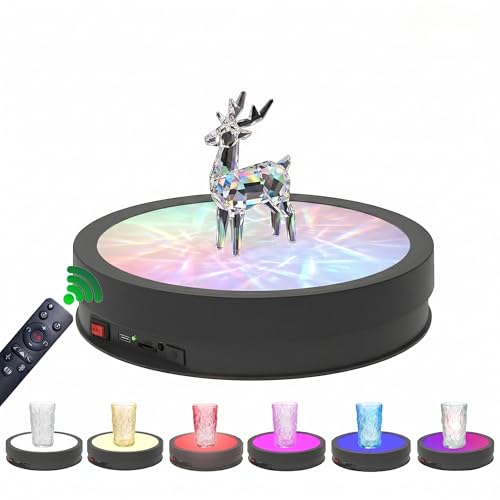 JAYEGT Variety Colors LED Light Base Non-Slip Rotating Display Stand , 66lbs Load, 360 Degree Photography Turntable forProducts Shows, Glass Crystal Artwork, Jewelry，Remote Control (12.6inch / 6Color LED Light /Black / Wired) - color: Black, size: 12.6inc